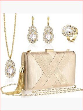 Satin Clutch Purse Evening Bag with Rhinestone Jewelry Set